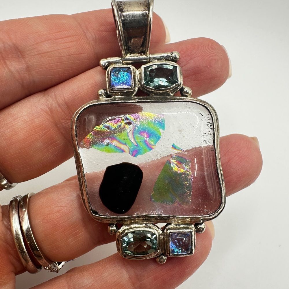 One of a kind, massive sterling silver, dichroic glass and green quartz pendant!
